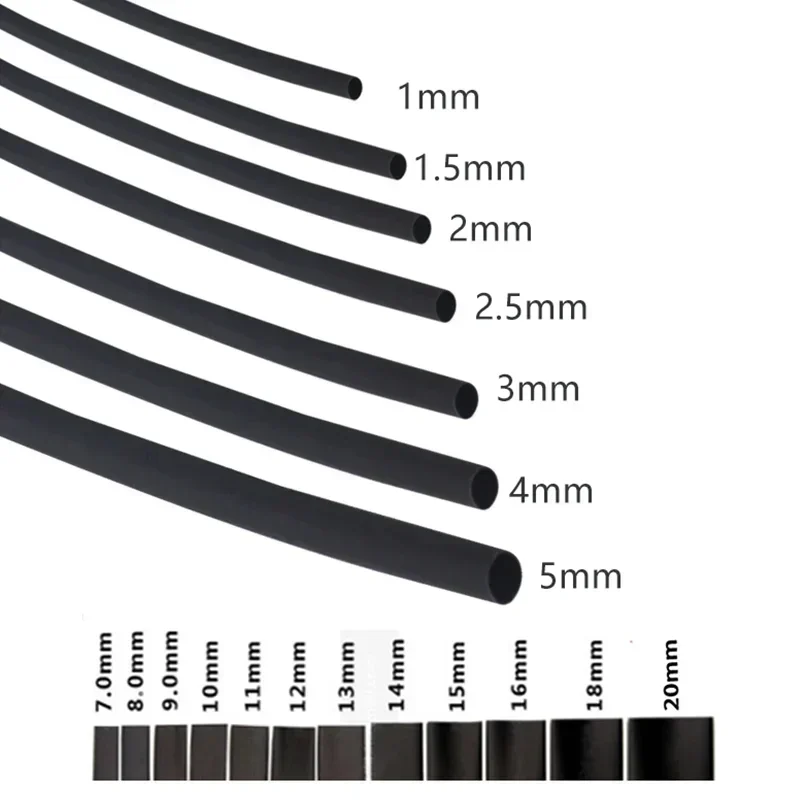 Tubo termorretráctil de 1, 2, 3, 5, 6, 8 y 10mm de diámetro, envoltura de alambre, reparación de conectores DIY, negro, 2:1