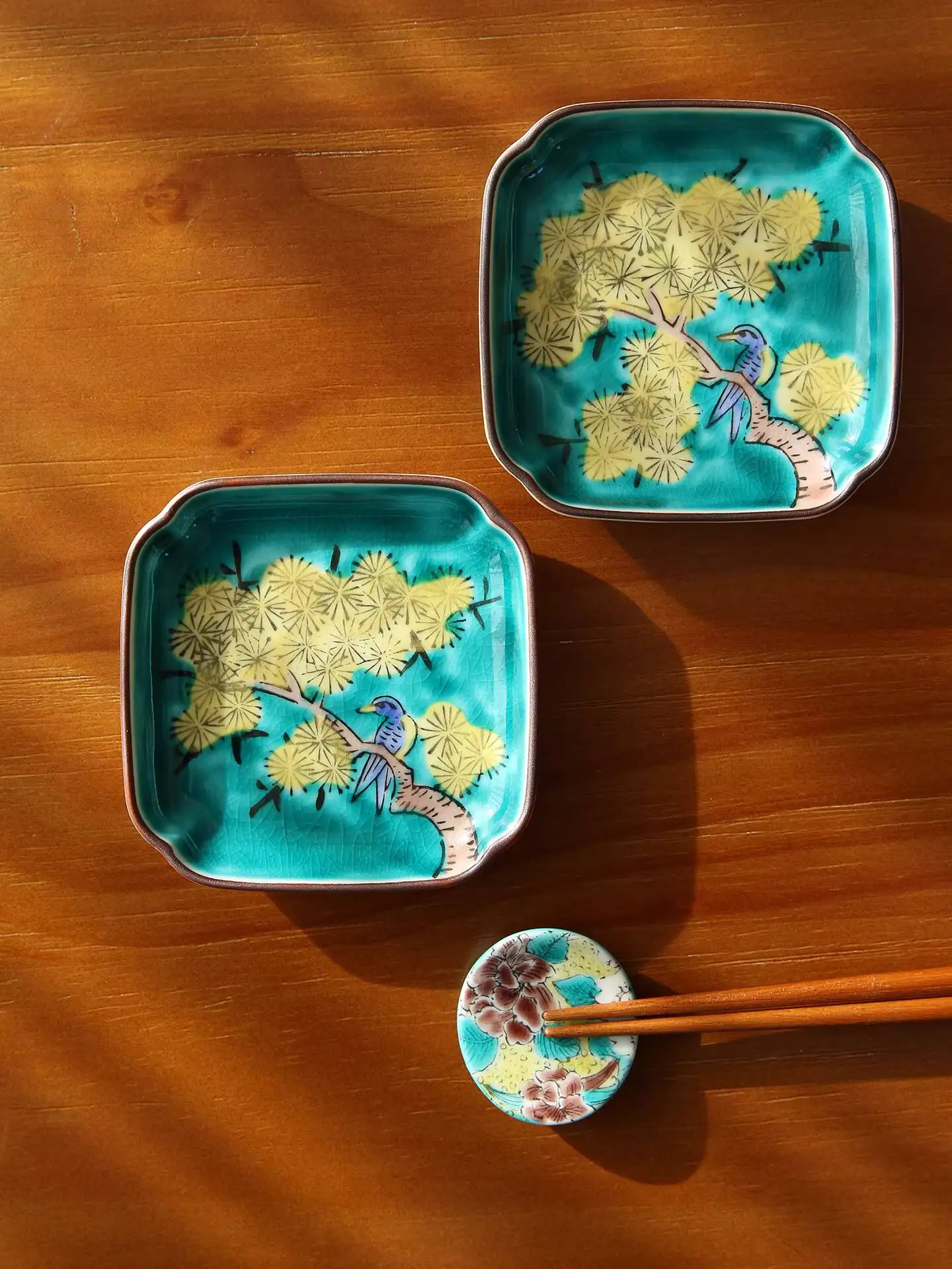 Authentic Imported Kutani Ware Yoshidaya Pine Bird Square Plate, High-End Japanese Appetizer Dish, Small Dipping Sauce Dish