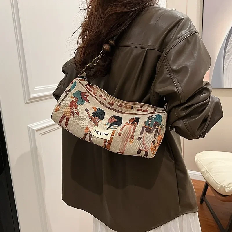 Bolso de hombro con estampado de Faraón Egipcio para mujer, bolsa de lona con cremallera, de Color sólido, a la moda, gran oferta, 2024