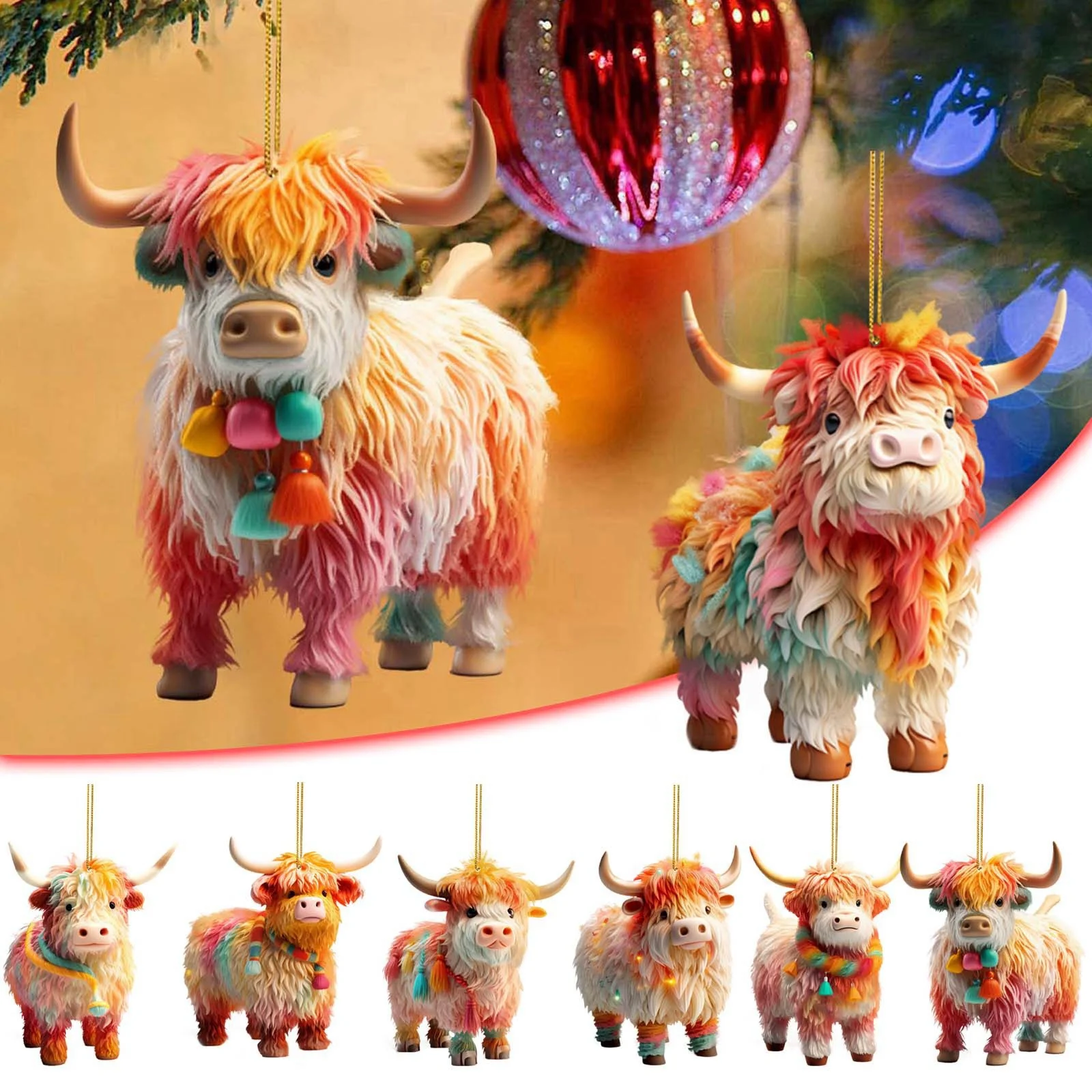 Christmas Acrylic Colored Hela Wagyu Cattle Haired Cow Ornament Christmas Outdoor Garden Yard Tree Decorations Car Pendant Props