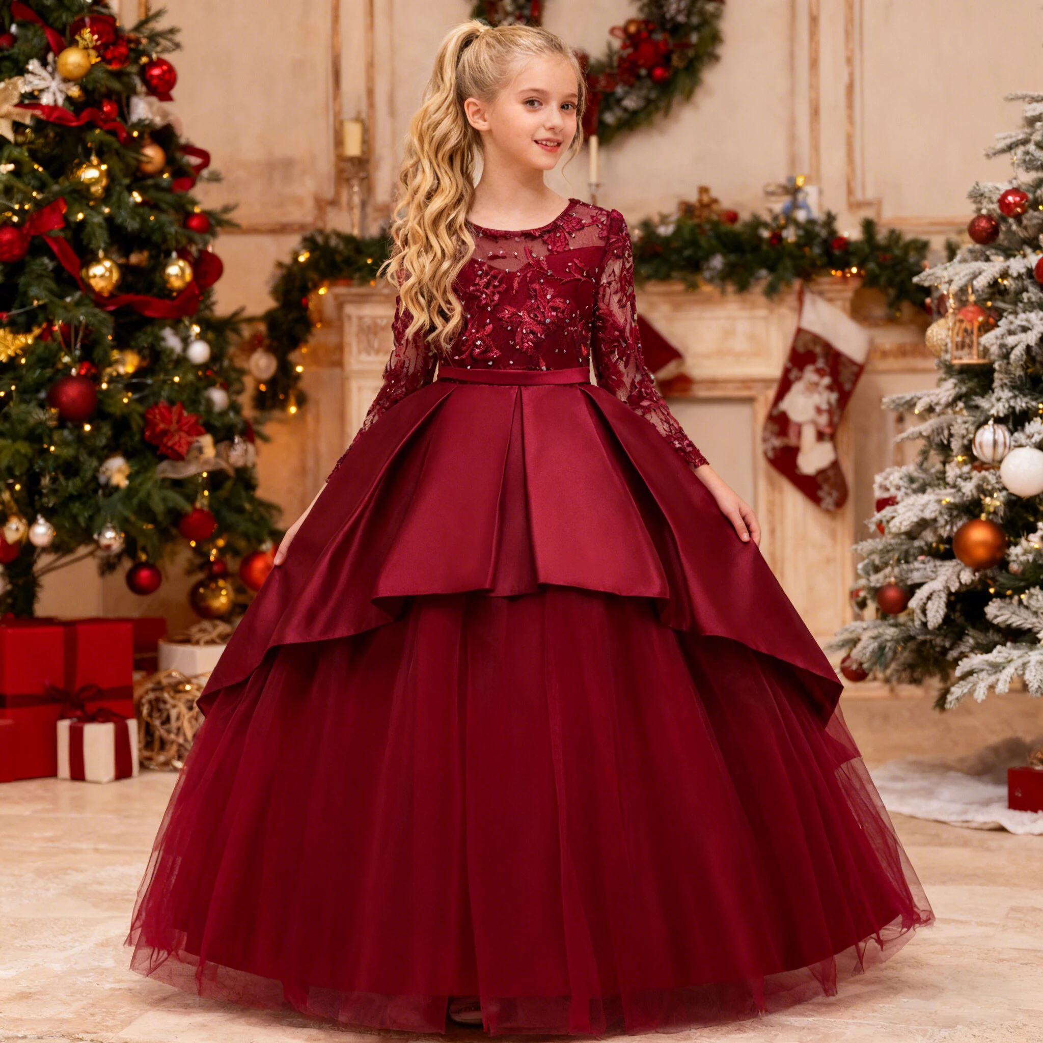 

Elegant Sequin Bridesmaid Party Girls Dress Christmas Costume Long Sleeve Wedding Party Princess Dress Girl First Communion Gown