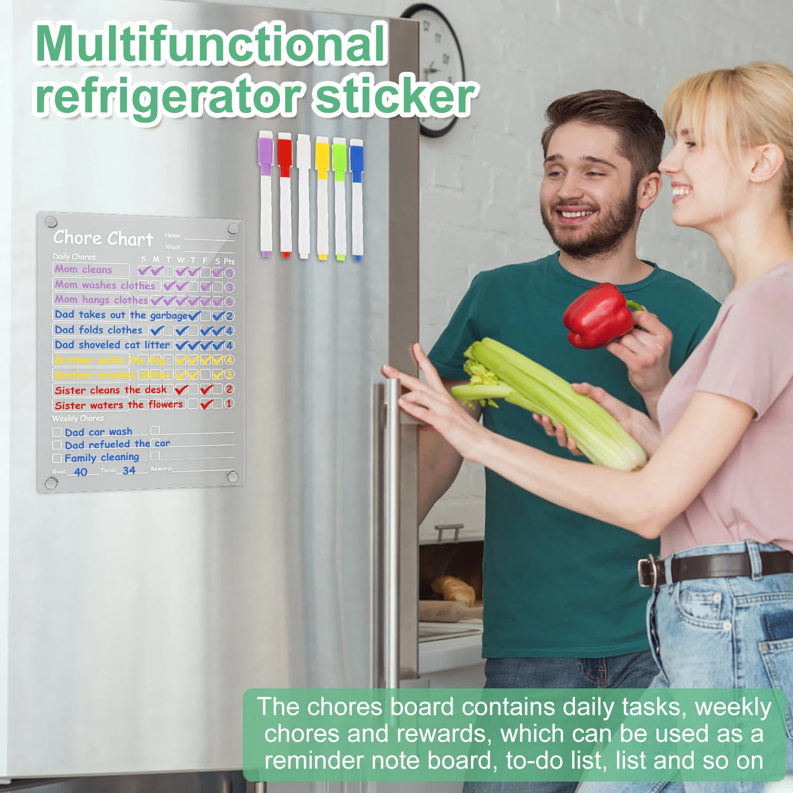 Magnetic Chore Chart Erasable Acrylic Fridge Family Daily to Do List with 6 Markers Kids Routine Checklist Task Planning Board