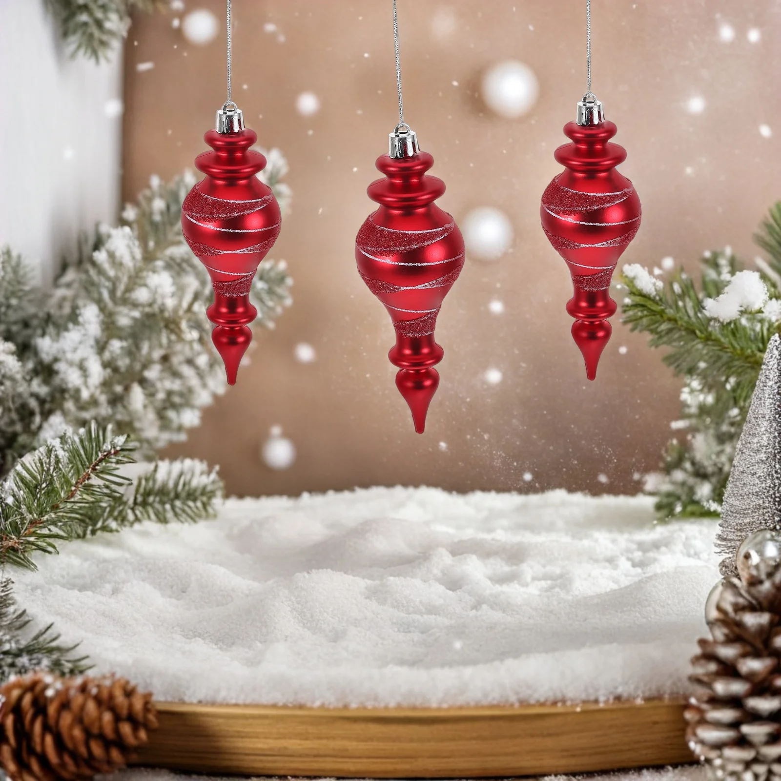 

3Pcs Shatterproof Christmas Tree Ornaments Red Plastic Bauble Long Pointed Shiny Finial Holiday Fireplace Window Display