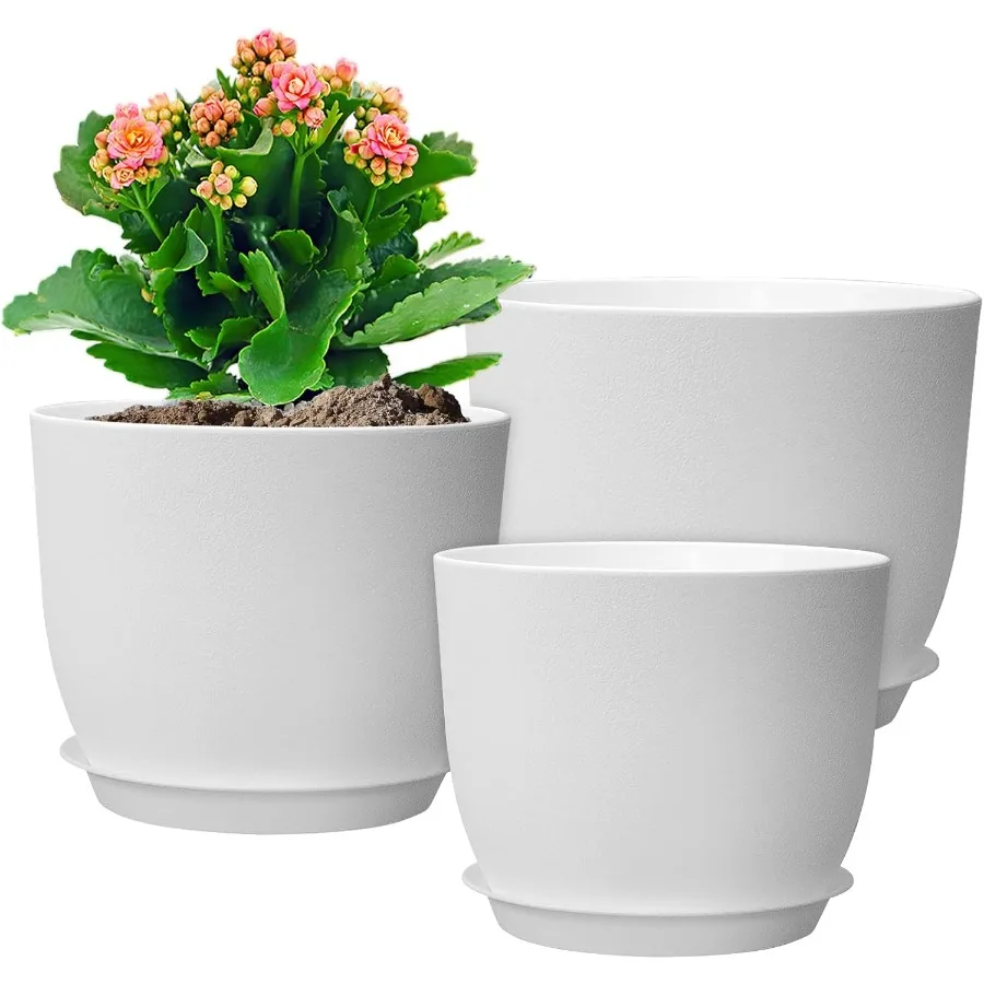 

10 9 8 inch Medium Flower Pots 3 Pack Modern Drative Plastic Planters with Drainage Holes and Tray Plant Pots for Indoor Outdoo