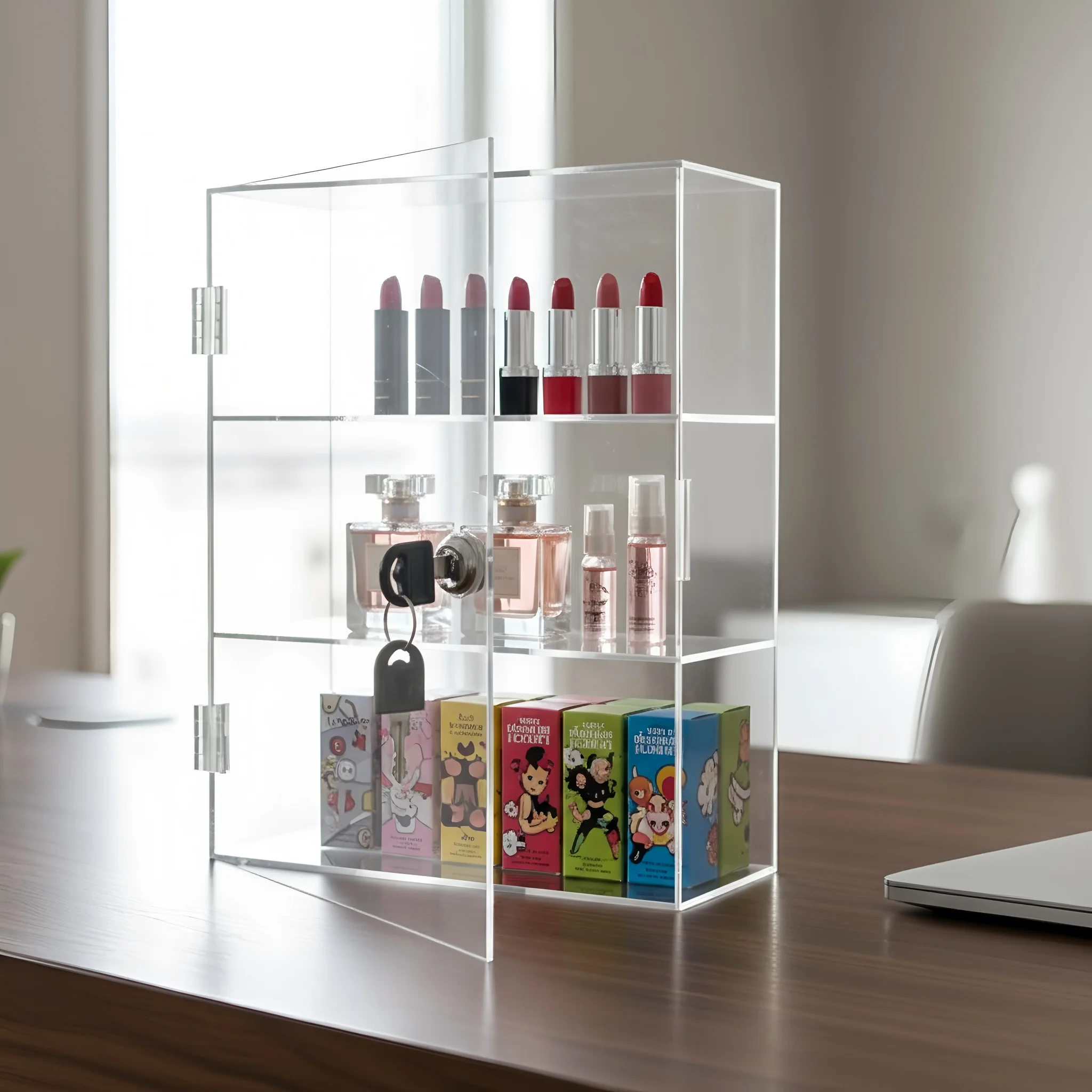 Acryl-Aufbewahrungsschrank zum Schließen von Kosmetik-, Parfüm-, Lippenstift- und Kleinteilebehältern, handgefertigt, staubdicht, diebstahlsicher. – Detail 2