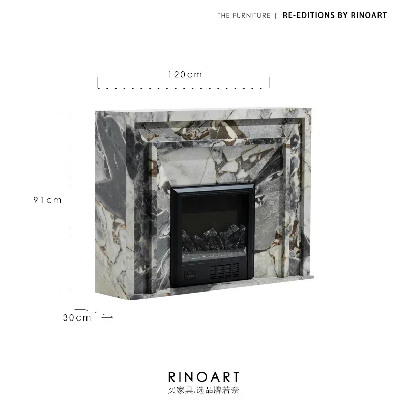 Rare blue grain/Turkish marble feeling simulated fire smart fireplace solid wood storage