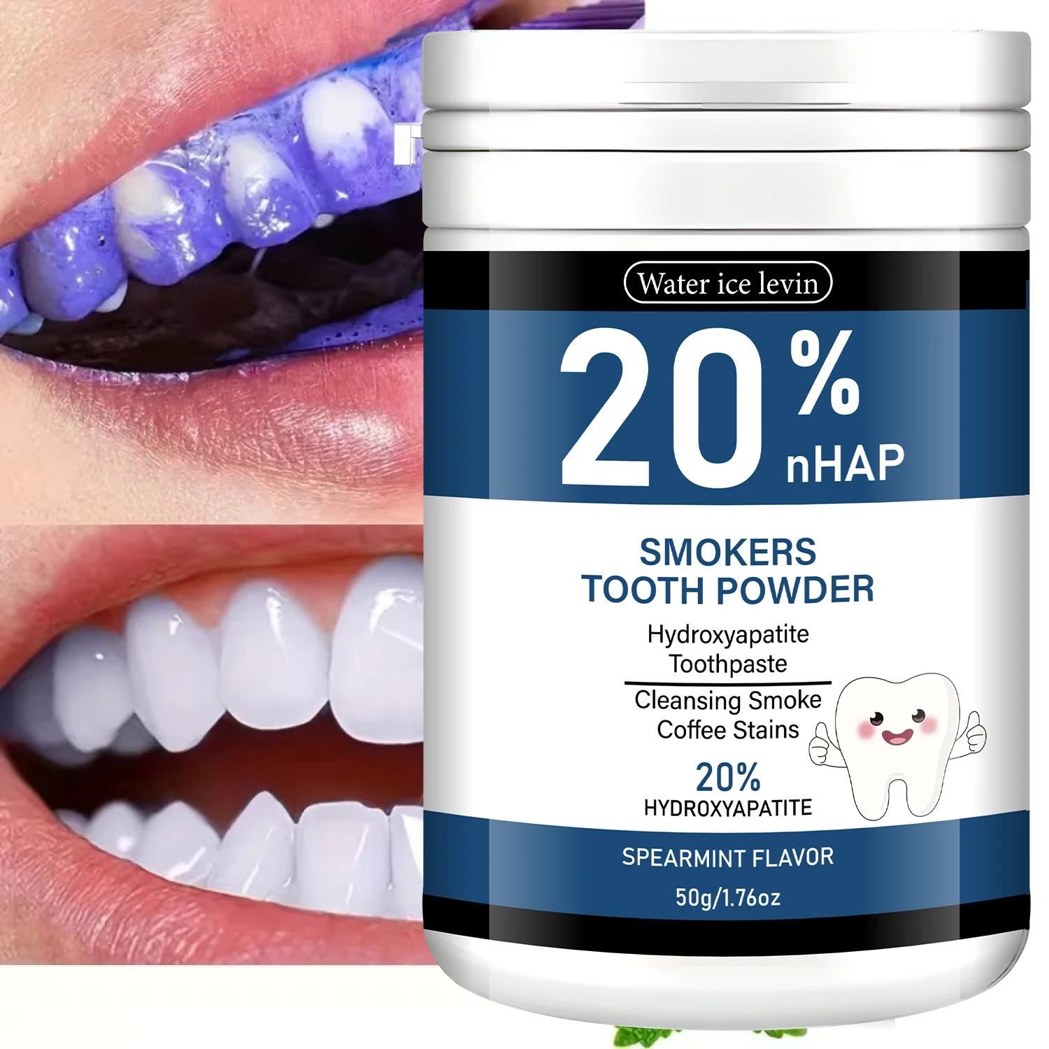 Dentifrice à 20% d'hydroxyapatite. Saveur menthe verte pour fumeurs. Nettoie les taches de fumée et de café. Blanchit et protège l'émail. 50g Net.