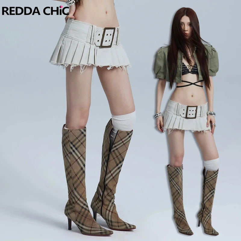 REDDACHiC Cowgirl Belted Jean Skirt Women Y2K Petite Distressed Frayed Low Waist Slim A-line Pleated Mini Skirt Sexy Streetwear