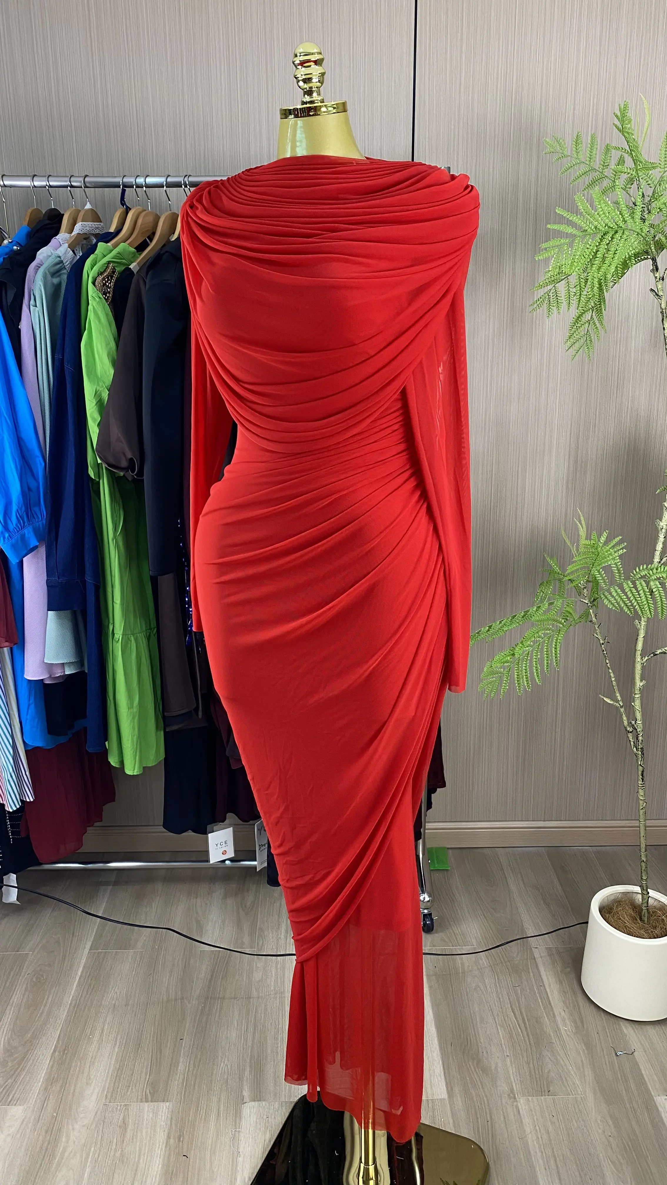 Women's Red Long-Sleeved Sexy Low-Waisted Maxi Dress Set, Women's Casual Dress-GZXX841