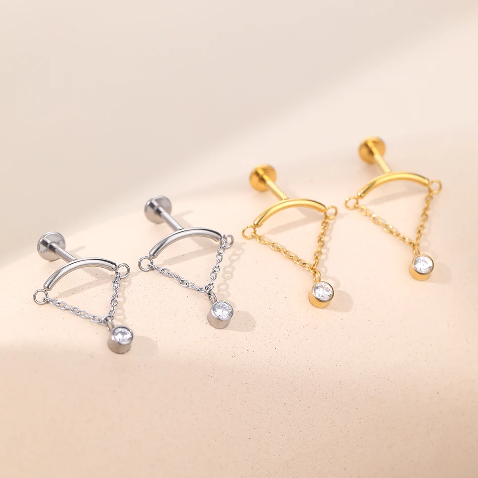 1/5PCS Titanium Tassel Chain Dangle Cartilage Earrings Stud 16G Internally Thread Zircon Helix Ear Tragus Piercings Body Jewelry