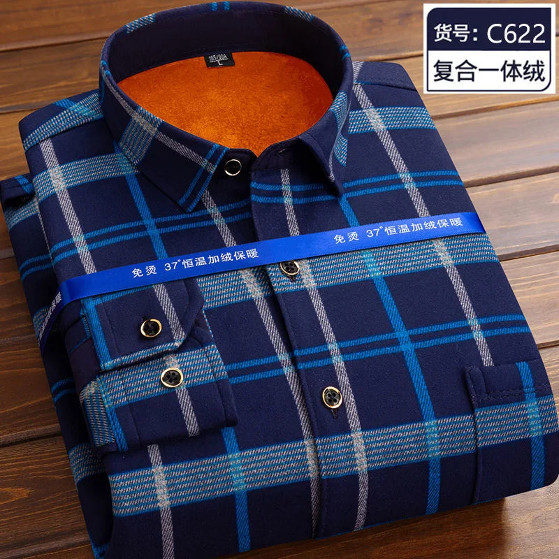 2023 Autumn and Winter New Men\'s Casual Slim Long-Sleeved Shirt Men\'s Cashmere Thickened Warm High-Quality Plaid Shirt M-5XL