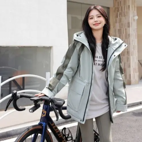 2025 Autumn and Winter New Women's Down Jacket Loose Hooded Splicing Windproof Workwear Jacket