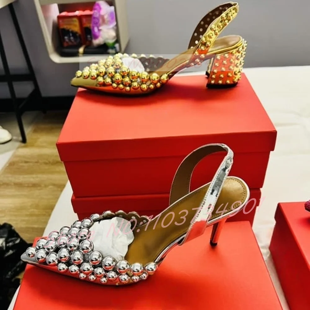 Sling Back Dome Sandals Women Luxury Pointed Toe Rivets High Heels Metallic Leather Shoes Ladies Party Sexy Sandals