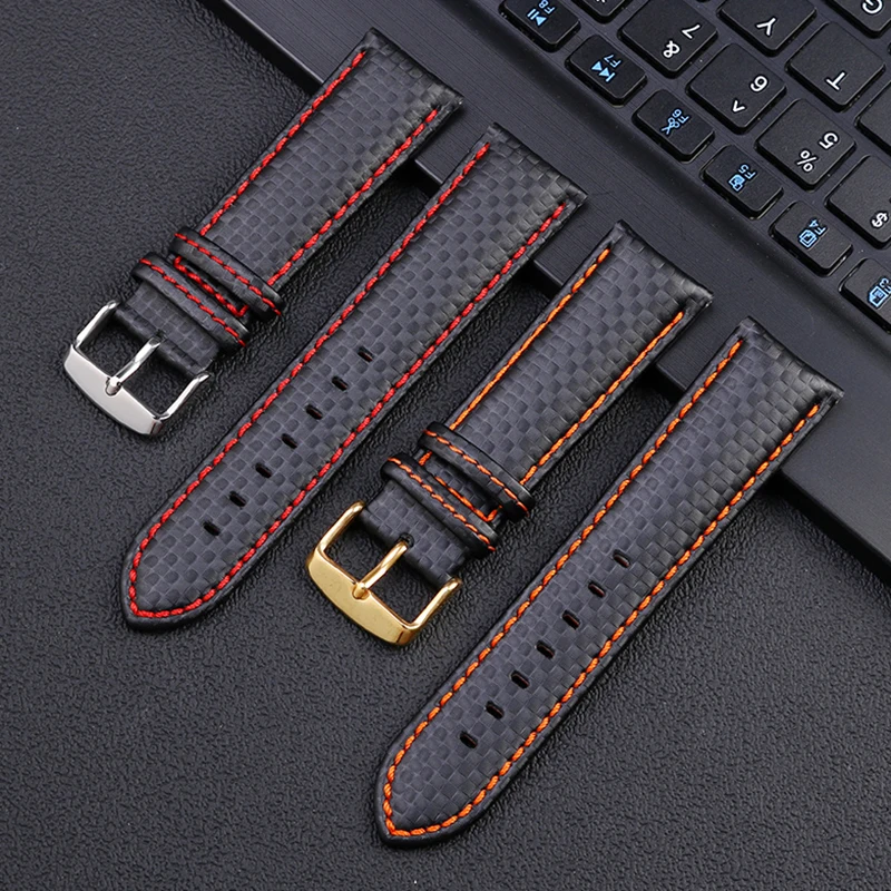 Carbon Fiber Pattern cowhide Watch Strap Men\'s Accessories 18mm 20mm 21mm 22mm 23mm 24mm wristband Orange Red Watchband Bracelet