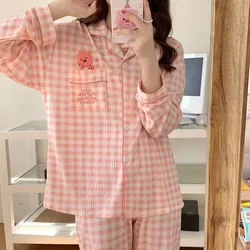 Spring Fall New Nightwear Crepe Knitted Cotton Long-sleeved Lapel Cardigan Plus Size Set Girls Daily Comfort Home Wear Pajamas