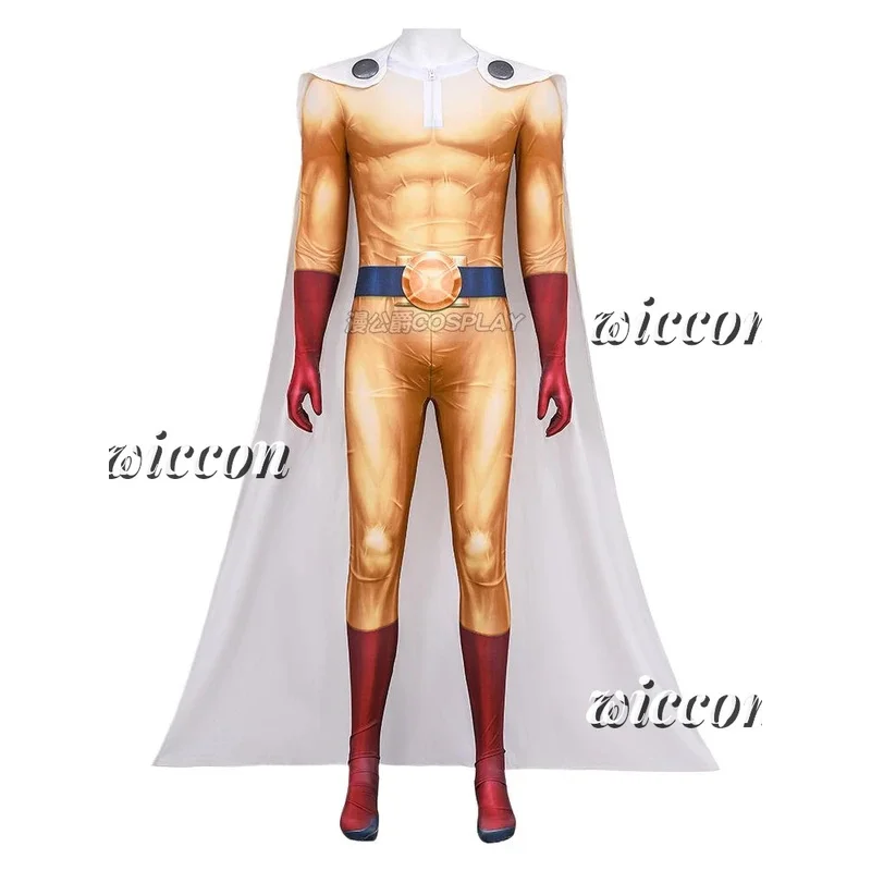 CyAnime One Punchman Cosplay Costume Saitama Cosplay Costume Bodysuit Jumpsuit Mask Headgear Halloween Props view 4