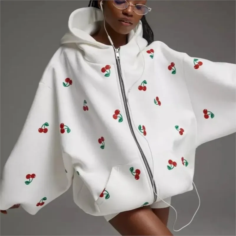 

Fashion Cherry Printed Sweatshirt Women Jacket 2025 Autumn Trendy Streetwear Fashion Loose Versatile Sports Hoodie Casual Female