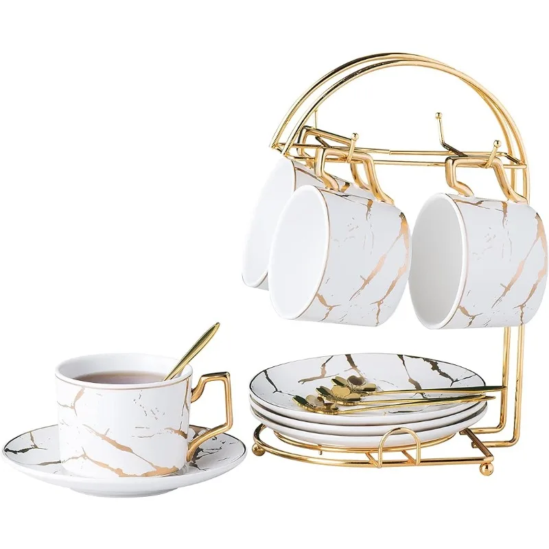 Serve of 4- Hand Printed Golden Matte Ceramic Marble Tea Coffee/Tea Cups with Spoons and Cup Holder, 7OZ -TCS26