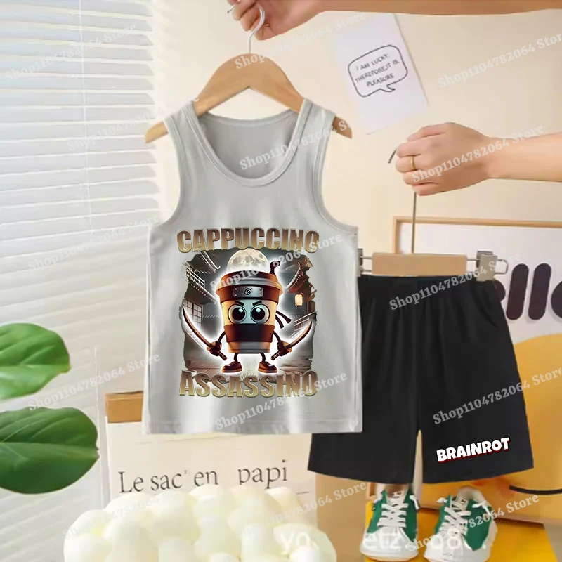 

Tung Tung Tung Sahur Vest Top Shorts 2Pcs Boy Girl Cartoon Anime Sleeveless T-Shirt Pants Set Children Clothing Tops Tee Clothes