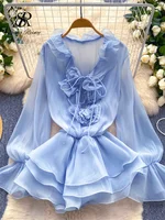 SINGREINY 3D Floral Beach Short Dress Female Long Sleeves Lace Up Ruffle Chiffon Cake Sundress Sheer Sexy Vintage Bohemian Dress - Image 2