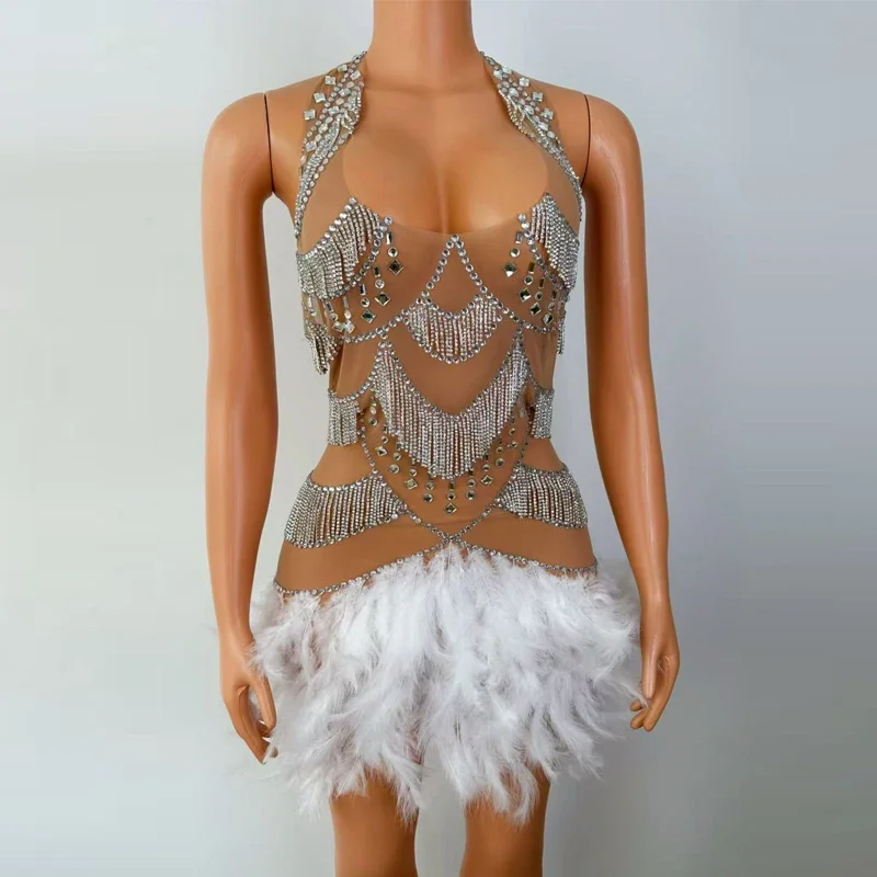 Strass Feder Kleid Frauen Sexy Perspektive Mesh Fransen Kleid Bar Ds Dj Bühne Abend Outfit Rave Tragen