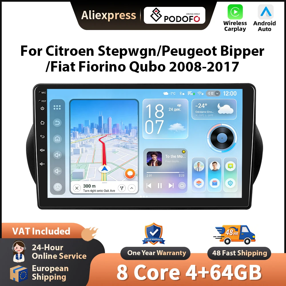 Podofo Android Autoradio für Citroen Nemo/Peugeot Bipper/Fiat Fiorino Qubo 2008-2017, kabelloses CarPlay, GPS, WLAN, FM/RDS, Head Unit