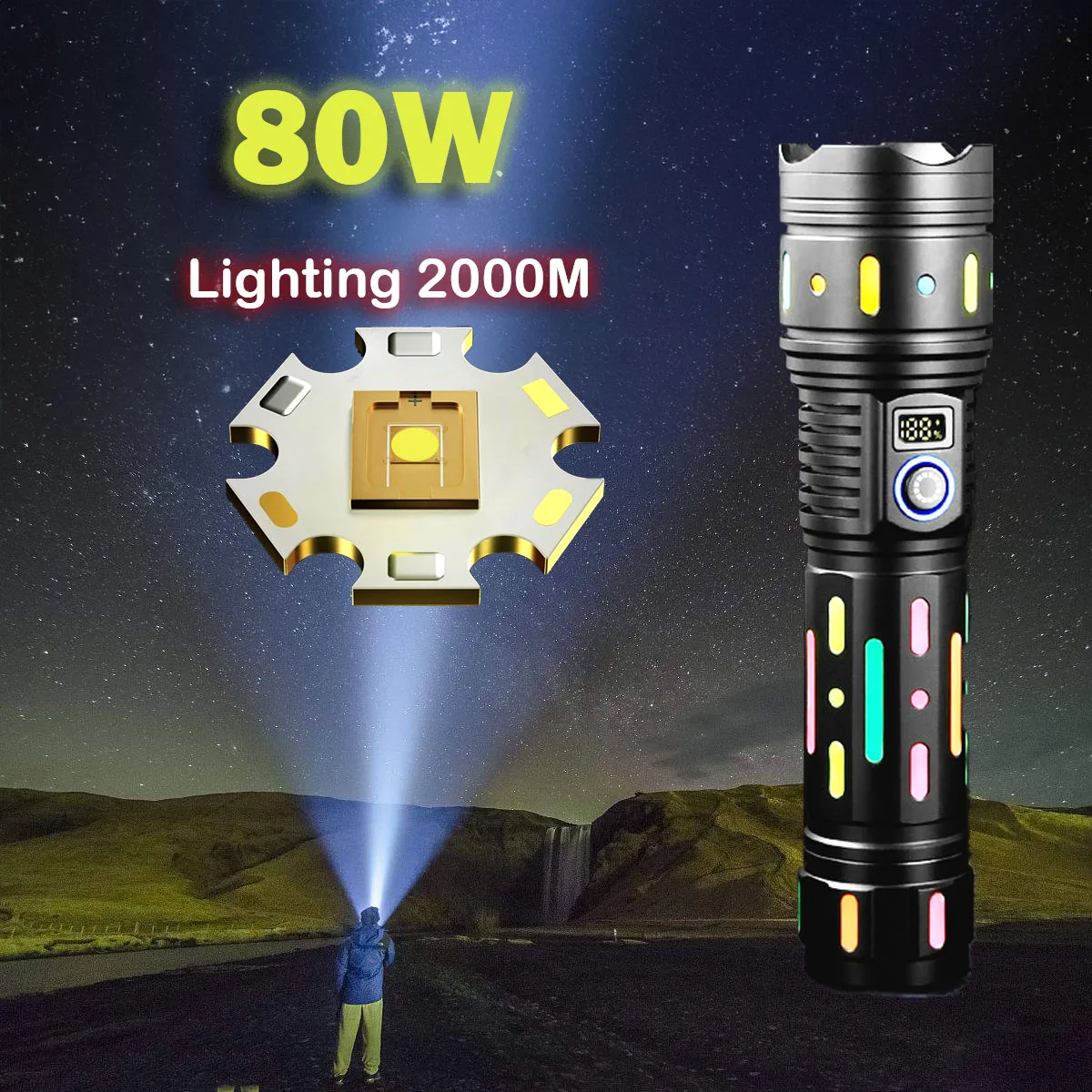 80W High Power LED Flashlight Super Bright Long Distance Flashlight Rechargeable Emergency Power 10000 MA Tactical Hand Light