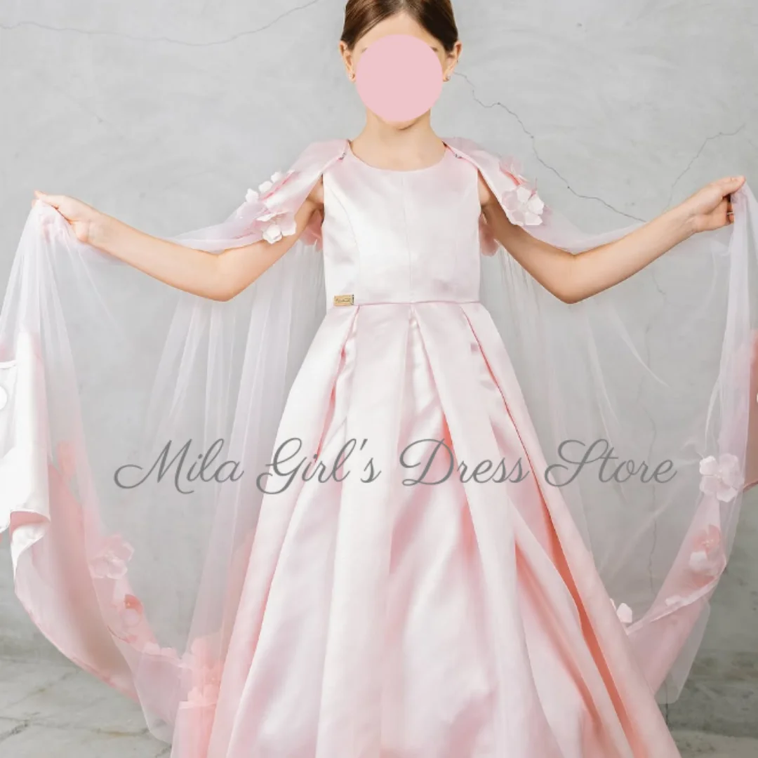 Customized Pink Flower Girl Dress With Cape Satin Floor Length Kids Princess Dresses For Wedding Birthday Evening Party Show