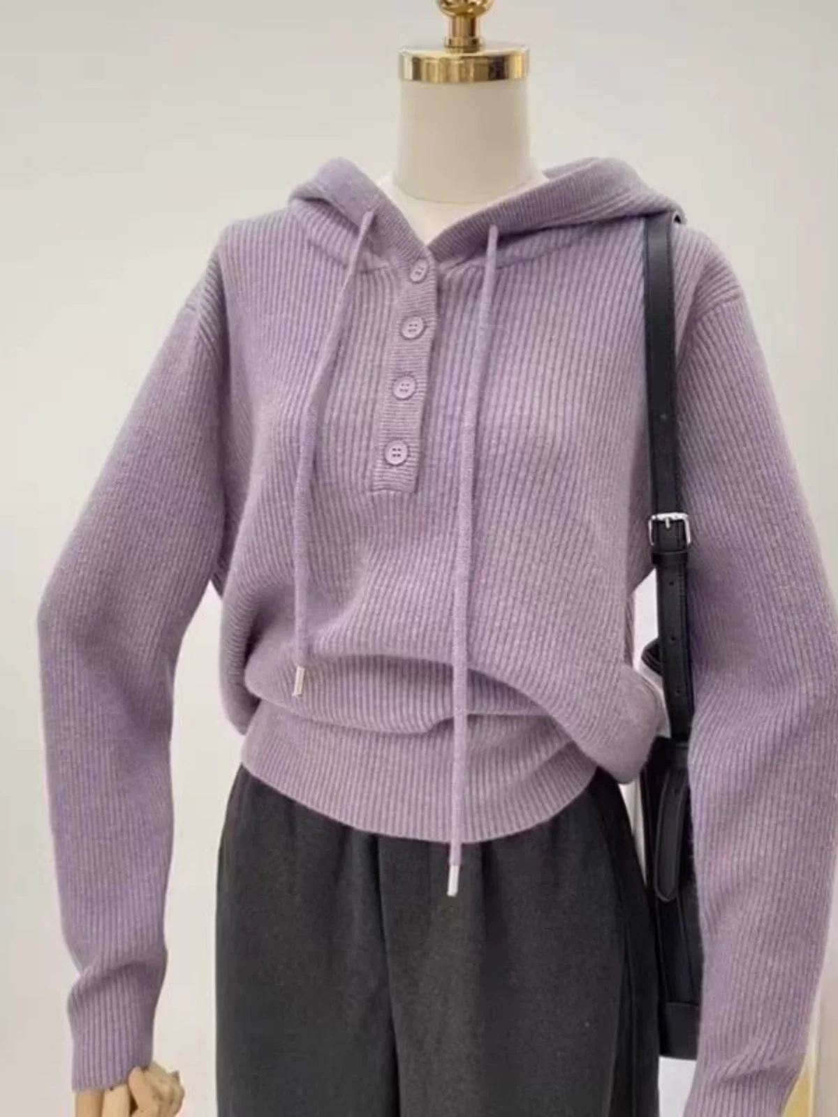 فضفاض محبوك قاعدة irt المرأة الخريف Sle بسيط f زرر مقنعين سترة الرباط تخفيف فضفاضة تناسب طويلة Sve #1