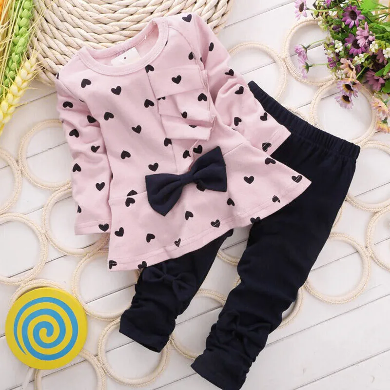 

Autumn New Fashionable Kids Girls' Clothing Bow Dress Top Bottom Winter Baby Two Piece Round Neck Heart-shaped Print Casual Set