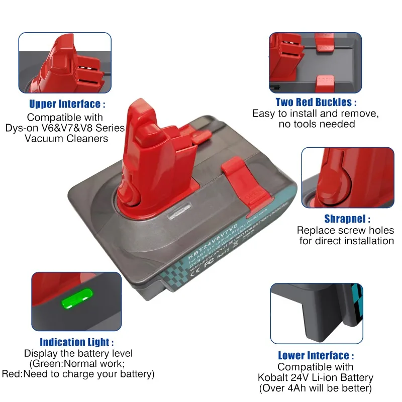 

KBT24V6V7V8 3-in-1 Battery Adapter Converter for Kobalt 24V Battery Converted To for Dyson V8 V7 V6 Series Vacuum Cleaners Use