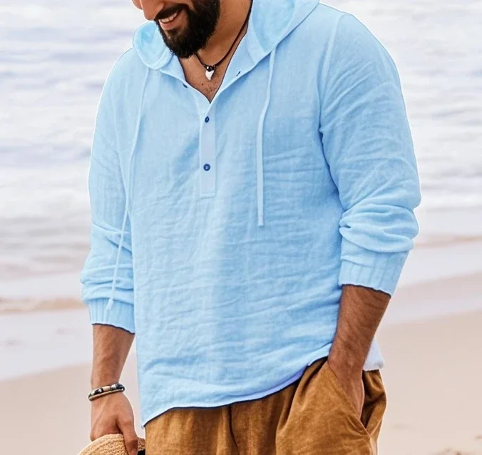 

Solid Color Cotton Linen Breathable Comfortable Spring and Summer Casual Men's Loose Fitting Hooded Long Sleeved Shirt
