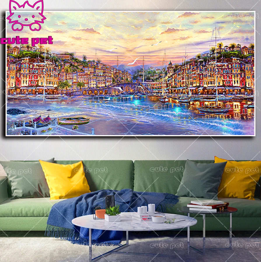 

Diamond Painting Full Square round Drill Mosaic 5D Port town scenery DIY Diamond Embroidery Rhinestone CrossStitch Decor large