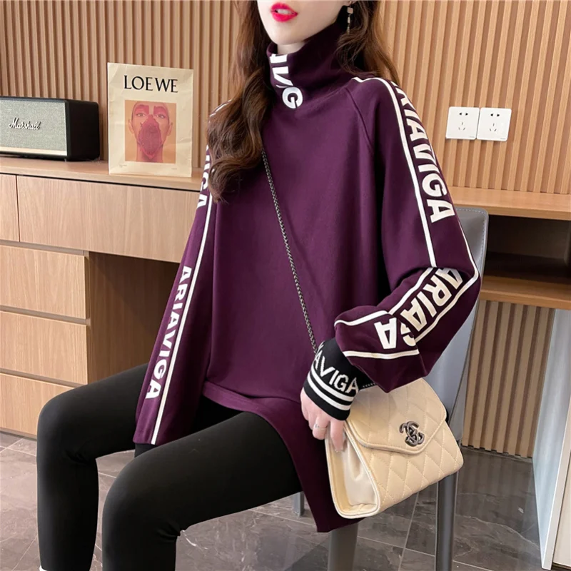 Trend Letter Print Loose Tops Spring Autumn Long Sleeve High Necked Solid All-match T Shirts Fashion Street Casual Women Clothes