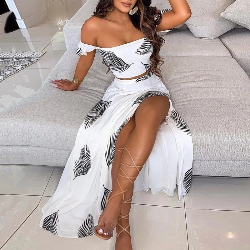 Two-Piece Set Women Sexy Off-Shoulder Smocked Tube Top Floral High-Waist Split Maxi Skirt Boho Suit Summer Women Casual Sets