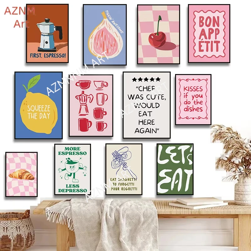 Pasta Croissant café de moda Let's Eat Pink Cherry Lemon Fig cita cartel lienzo pintura impresa pared para decoración de cocina Cuadros