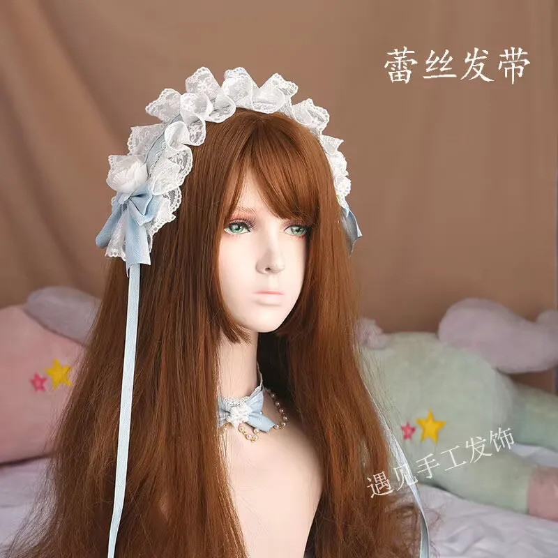 

Рождественский ледяной синий цвет, голубая кружевная повязка для волос в стиле Лолиты, заколка для волос в стиле Лолиты, повязка для волос с краями, соломенная шляпа, цилиндр