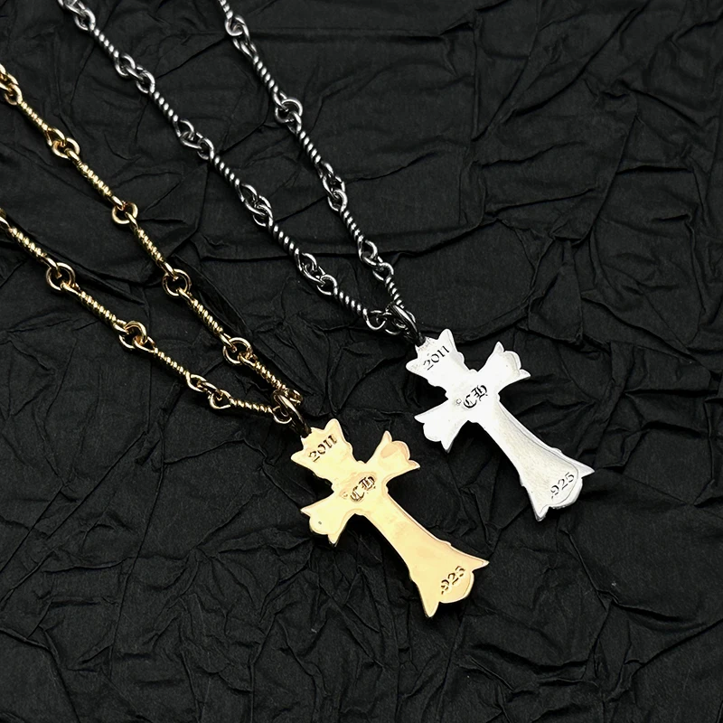 S925 الفضة الاسترليني طبقة مزدوجة كامل الماس الصليب قلادة قلادة الرجعية والرجال والنساء المتخصصة القديمة