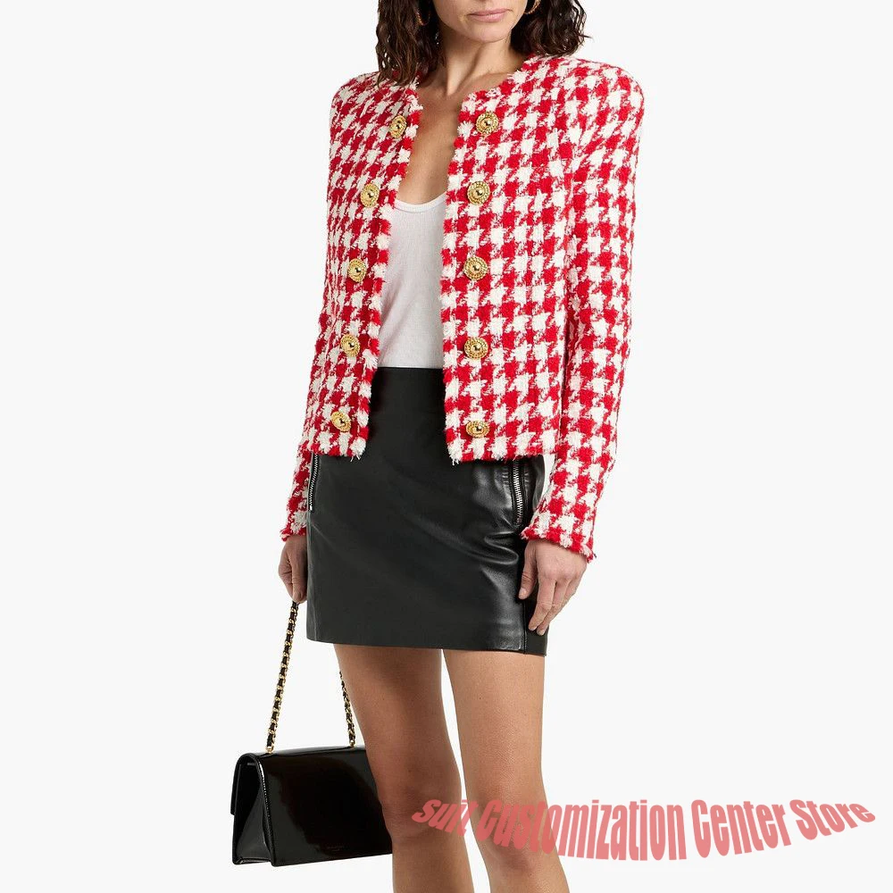 Professional Houndstooth Tweed Women's Jacket with Double Breasted Gold Buttons Chic Round Neck Blazer Modern Daily 1Piece Set