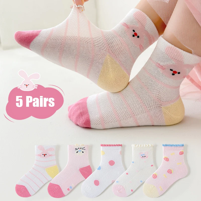 5 Paar Mädchensocken aus Baumwolle, Schulsocken für Mädchen, Kinder, Rüschensocken, Kinder, Cartoon-Mädchensocken, Baby-Mädchen-Socken