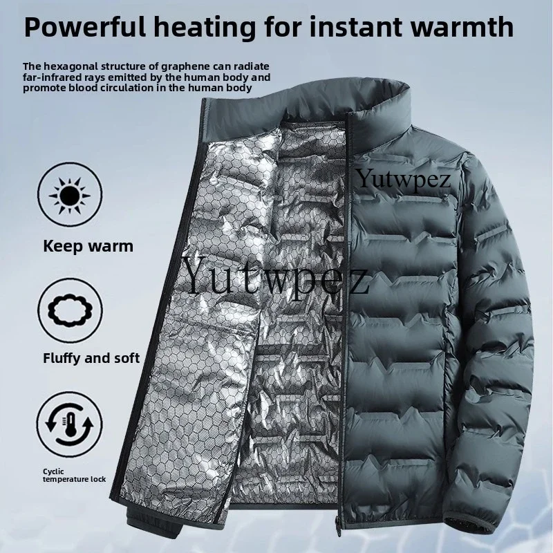 Winter Outerwear Graphene Self-heating Men's Down Jacket Outdoor Hiking Solid Windproof Pleated Coat, Stand Collar Classic Warm