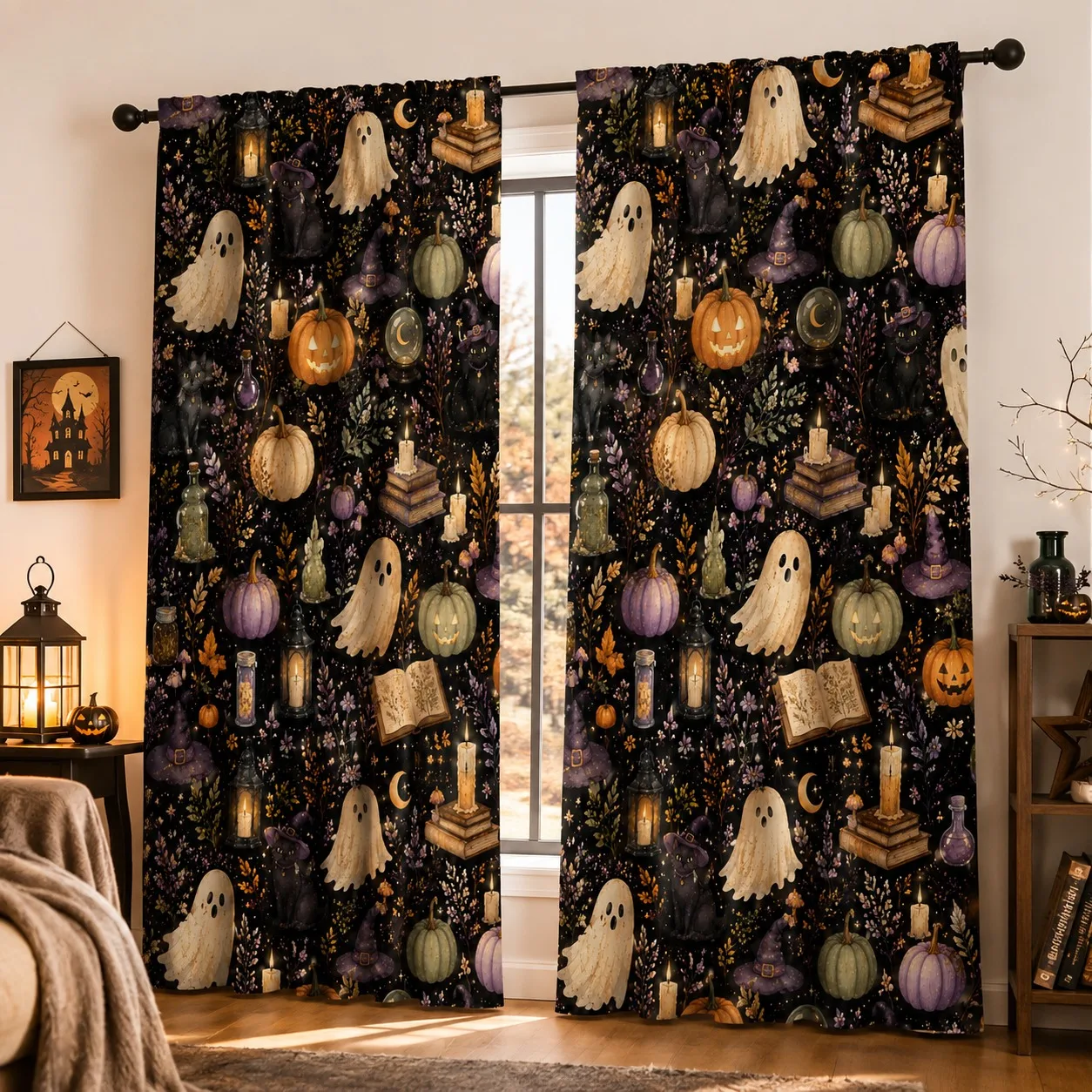 2Pcs Halloween Pumpkin Lantern Starry Night Curtains for Home Living Room Bedroom Autumn Fall Decoration High Definition Digital