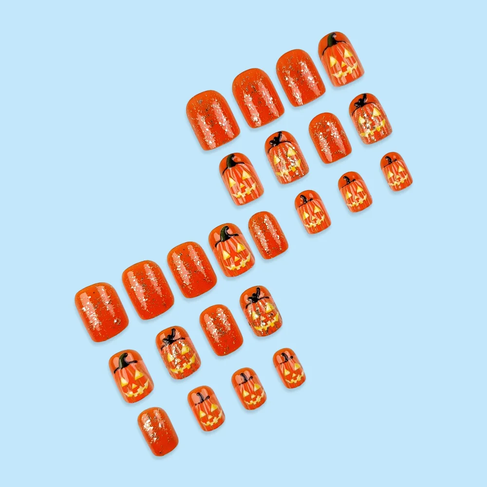 False Nails Easy-Apply Press On Nails for Halloween Party 3D Pumpkin Ghost Face Resin Nail Art Set with Jelly Glue Durable