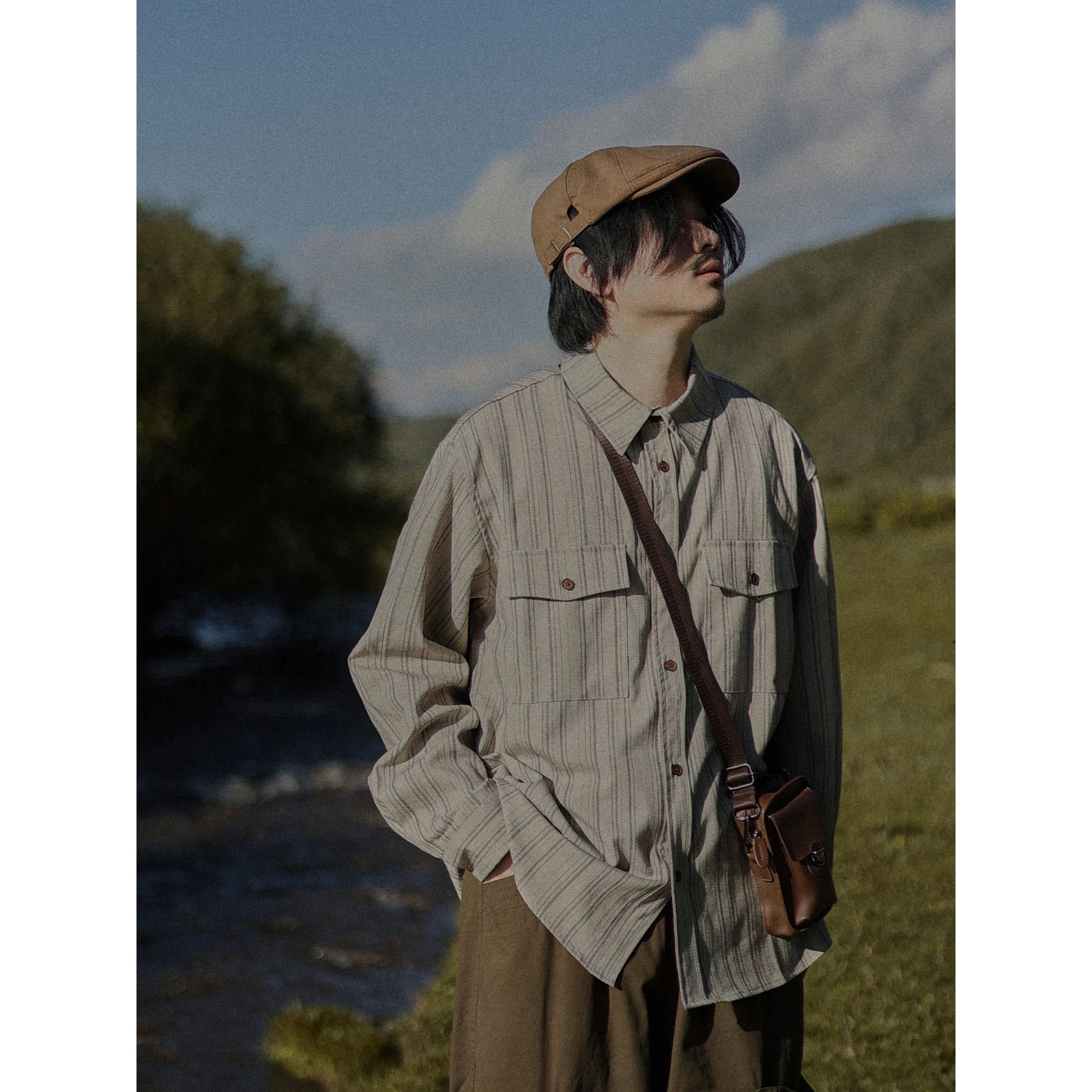 

Retro Striped Men's Shirt Loose Long Sleeve Youth Fashion Outerwear Autumn Season Regular Thickness Point Collar Other Scenarios