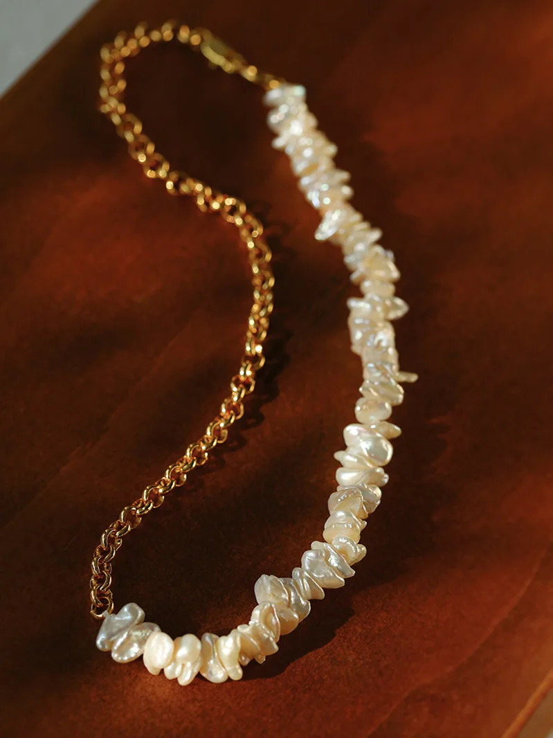 Brass With 18k Gold Half Chain Half Baroque Pearl Necklace Women Jewelry Punk Designer Runway Rare Gown Boho Japan Korean