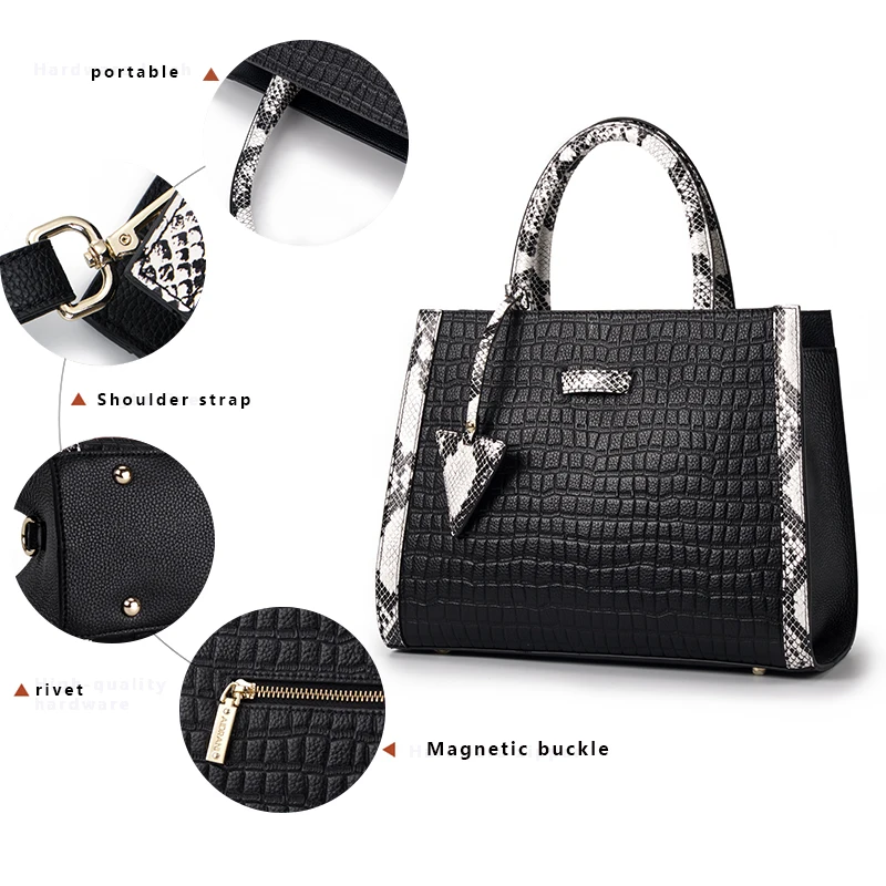 Aidrani Fashion Crocodile Embossed Cowhide Women\'s Handbag Large Capacity Black Casual Versatile One Shoulder Crossbody Bag