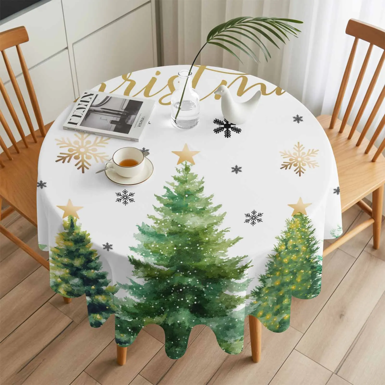 

Christmas Tree Text Snowflakes Round Table Cloth Festival Dining Tablecloth Waterproof Table Cover for Wedding Party Decor