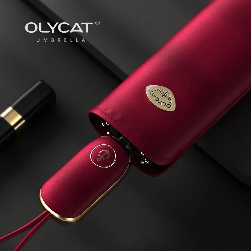 OLYCAT-Flat Handle Red Fully Automatic Umbrella for Men and Women, General Vinyl, Ultraviolet Rainy, Travel, Outdoor, New, 2022