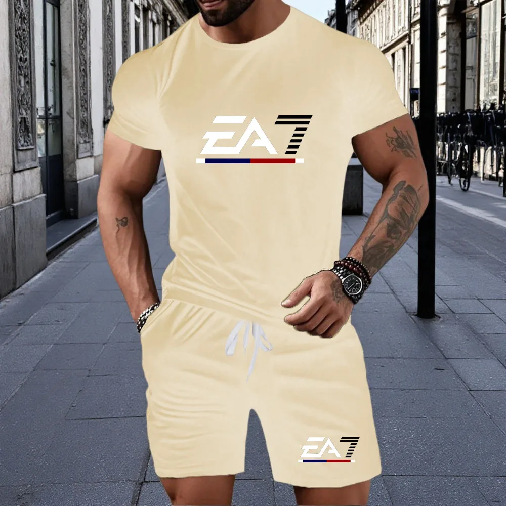 

Summer fashion street short sleeved sports suit men's sports shirt set men's round neck short sleeved shorts sports suit 2-piece