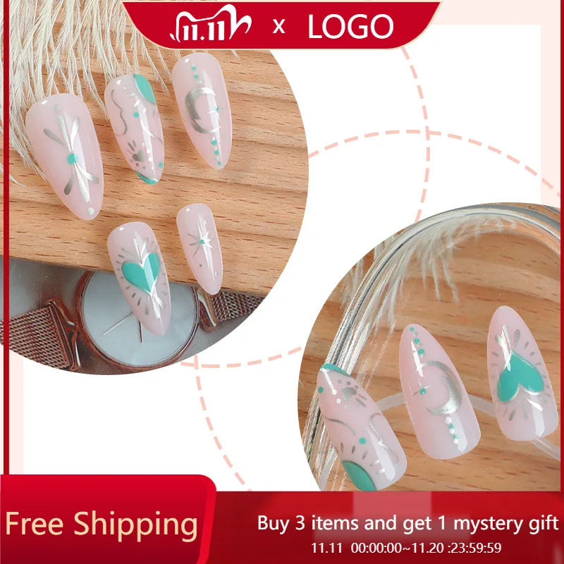 

24pcs False Nails Painted Green Hearts Almond-shaped Spicy Girl Style Press-on Reusable Nail Tips Suitable for Girls and Friends